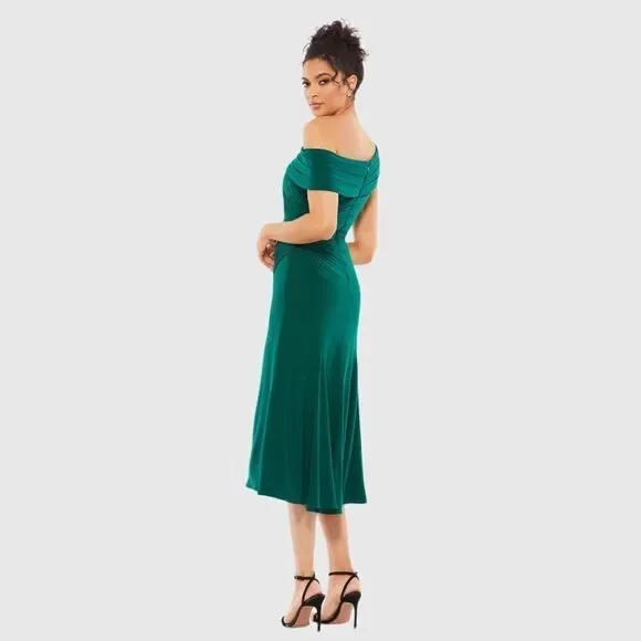 MAC DUGGAL 26484 Womens Green Ruched Off-The-Shoulder Midi Dress - Picture 4 of 14